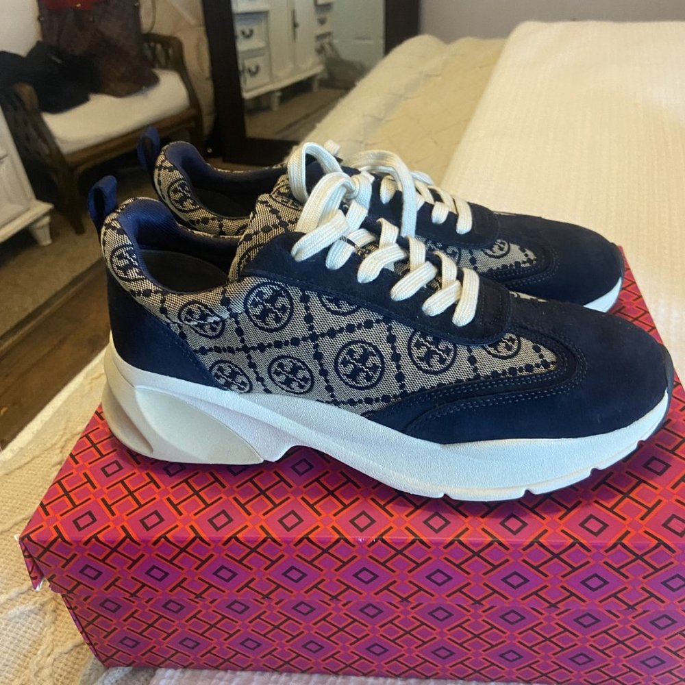 Tory Burch T Monogram Good Luck Trainer Sneakers Navy Size 10 Style #87331